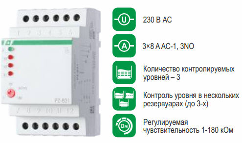 PZ-831 (без датчиков) реле уровня 3NO, 230В AC, 3х8А, IP20