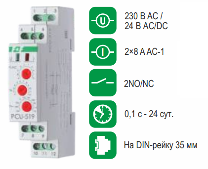 PCS-519 реле времени многофункц, 2NO/NC, 230В AC, 24В AC/DC, 2х8А, IP20