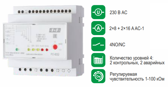 PZ-832 (без датчиков) реле уровня 4NO/NC, 230В AC, 2х8А 2х16А, IP20